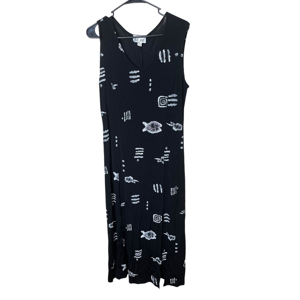 Vintage Esse Black Maxi Dress Sleeveless Fish Print 90s Style Casual